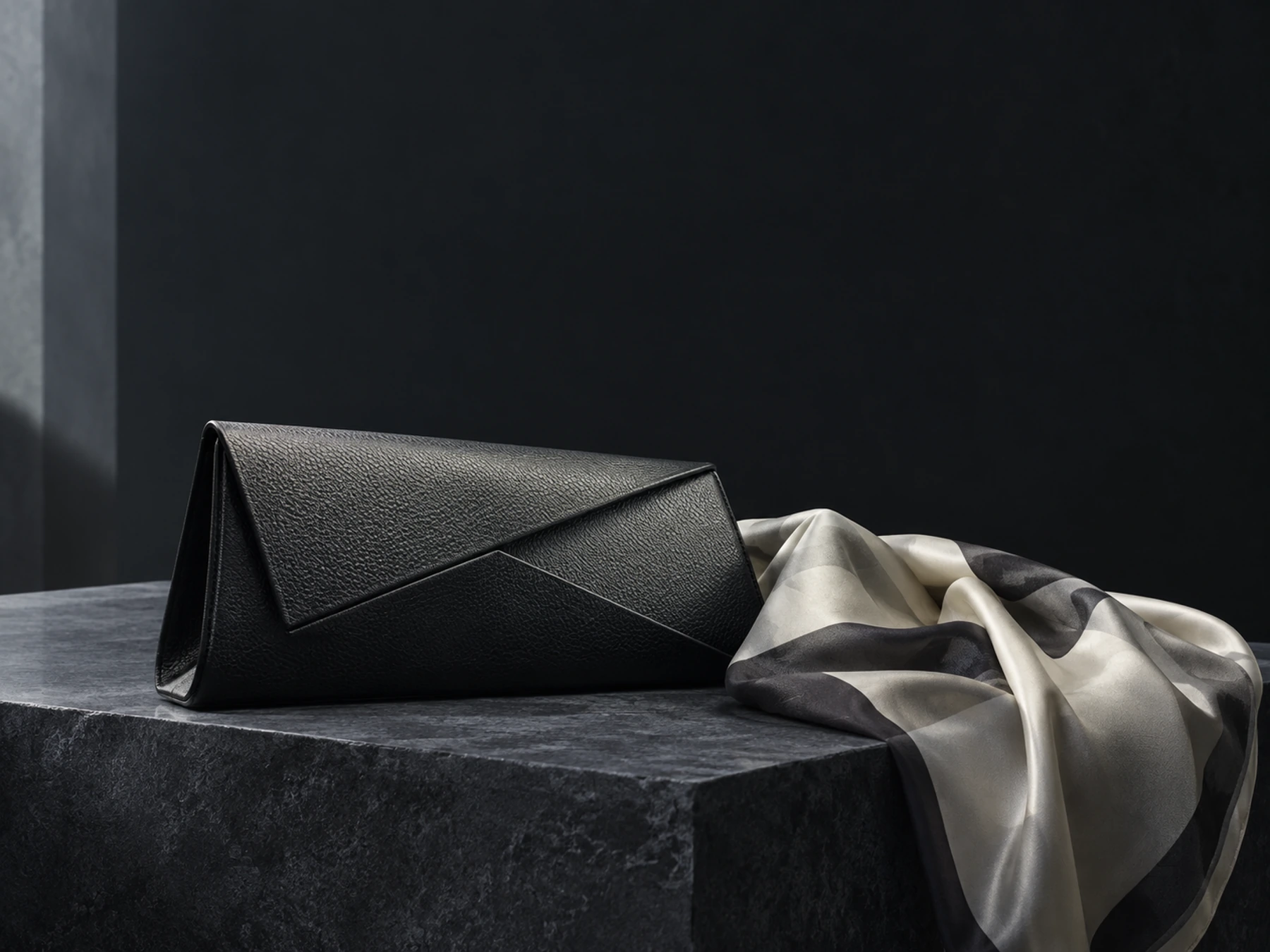 An unbranded evening clutch and folded silk scarf on a dark slate plinth.