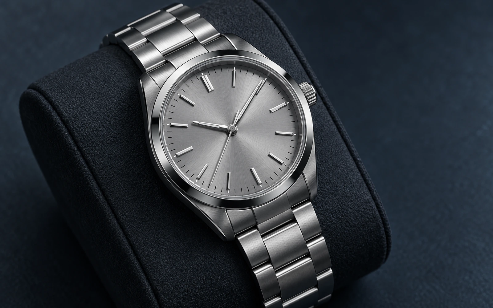 An unbranded stainless-steel watch with a plain dial resting diagonally on a dark cushion.